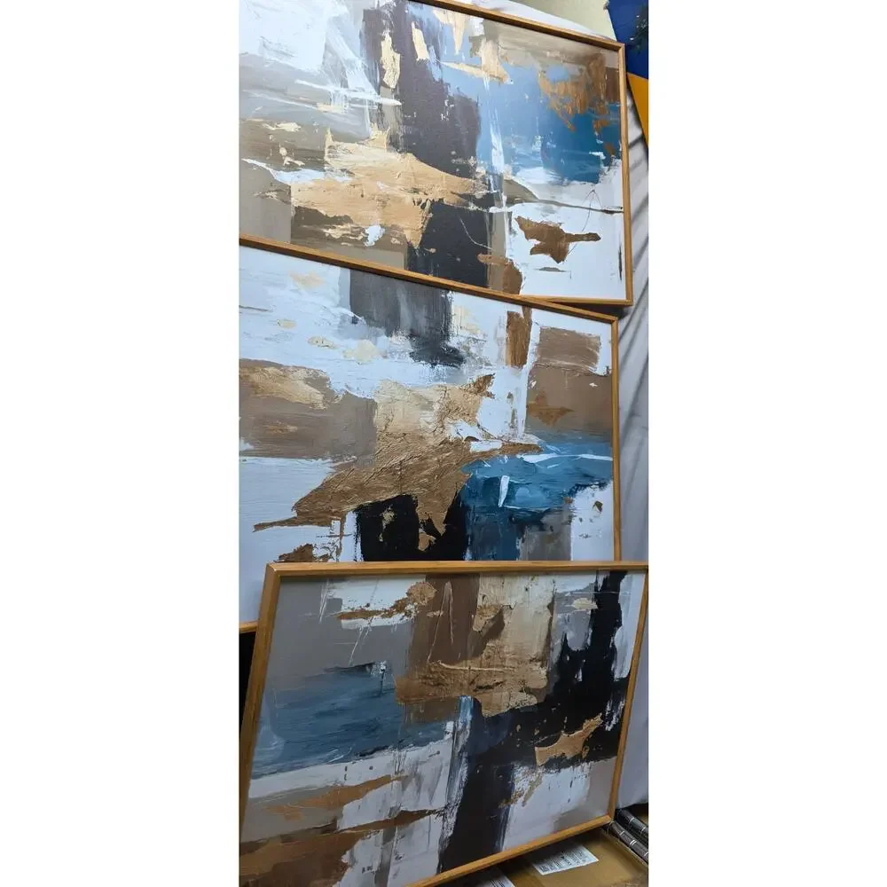 Navy Blue Gold Abstract Framed Canvas Wall Art Set 16x24 Triptych Decor. New OB